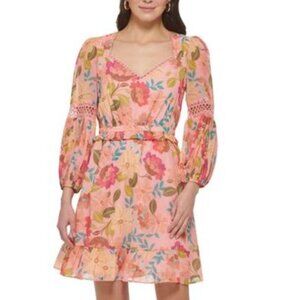 Vince Camuto Chiffon 3/4-Sleeve Fit & Flare Pink Floral Dress Size 2